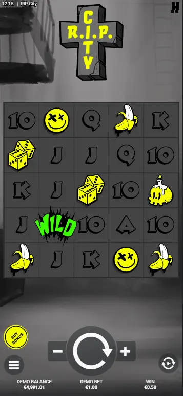 RIP City slot base game noir cityscape with cartoon characters