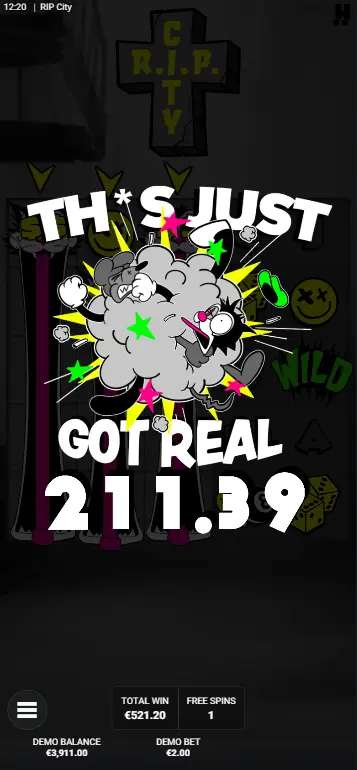 RIP City slot big win celebration screen with total payout