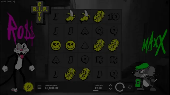 RIP City slot demo game window showing cartoon noir cityscape with cat and mouse characters