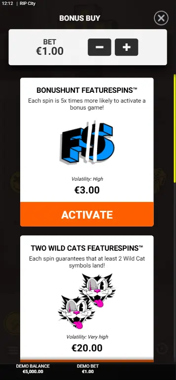 Hacksaw gaming RIP City FeatureSpins activation menu