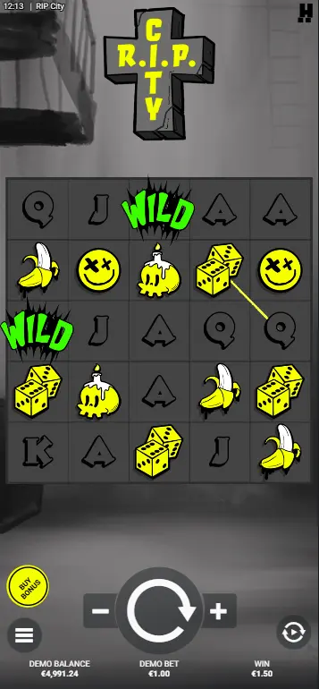 RIP City slot active gameplay with Wild Cats expanding on reels