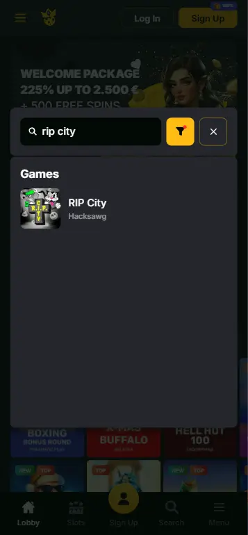 RIP City casino game lobby showing Hacksaw Gaming section