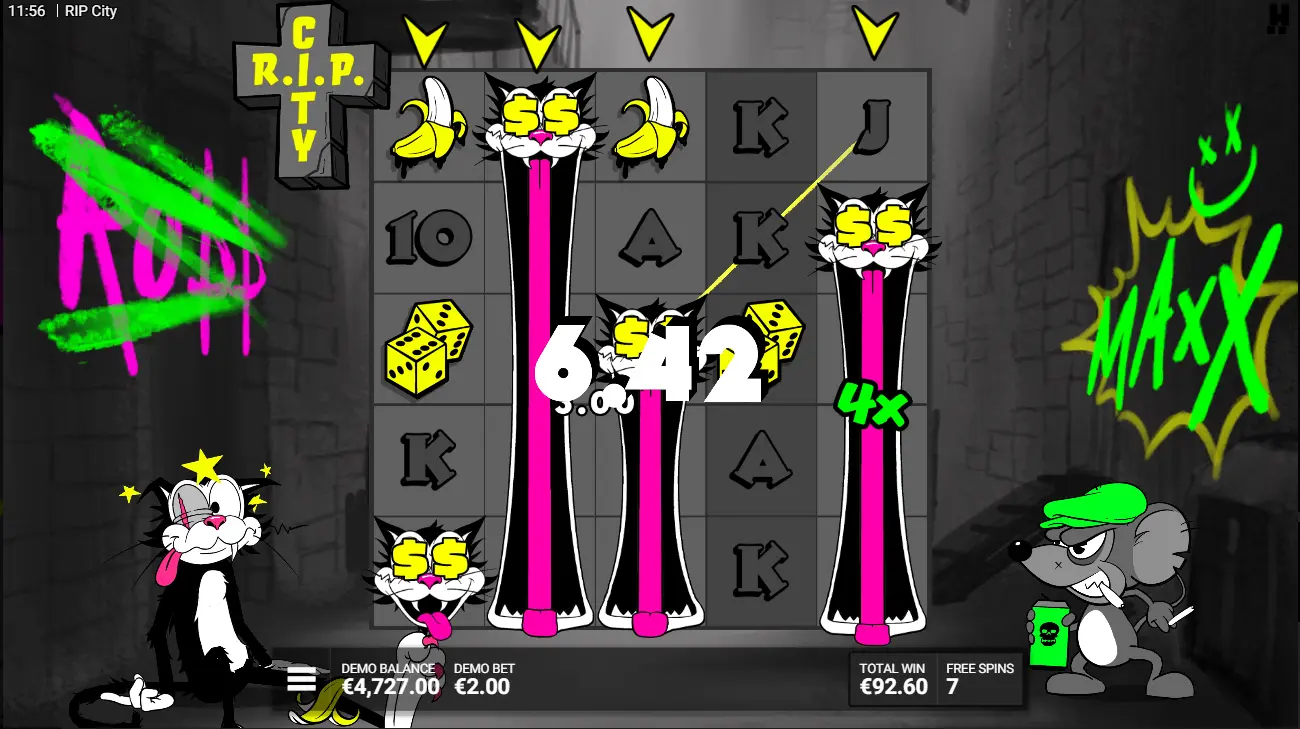 Play RIP City online Maxx Bonus with locked reels showing Wild Cats